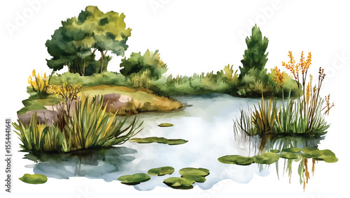 Watercolor painting of serene lakeside view with lily pads and lush greenery,vector illustration with transparent background