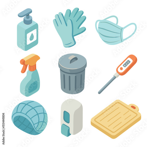 Street Food Safety Icons. Isometric Flat icon set of street food safety and hygiene: hand sanitizer bottle, disposable gloves,