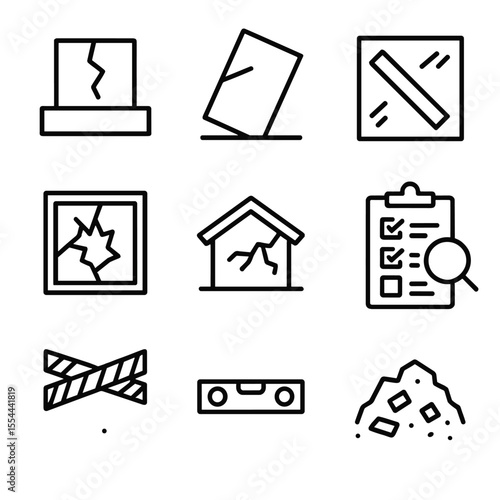 Structural Damage Icons. Outline icon set of structural damage assessment: cracked foundation, tilted wall, fallen beam, broken