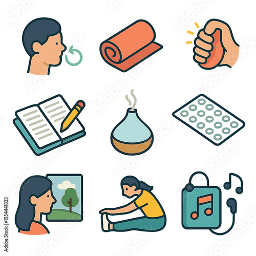 Stress Management Icons. Isometric Flat icon set of Stress Management Techniques: breathing exercise diagram, yoga mat, stress