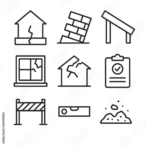 Structural Damage Icons. Outline icon set of structural damage assessment: cracked foundation, tilted wall, fallen beam, broken