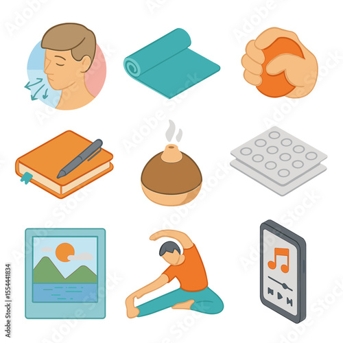 Stress Management Icons. Isometric Flat icon set of Stress Management Techniques: breathing exercise diagram, yoga mat, stress