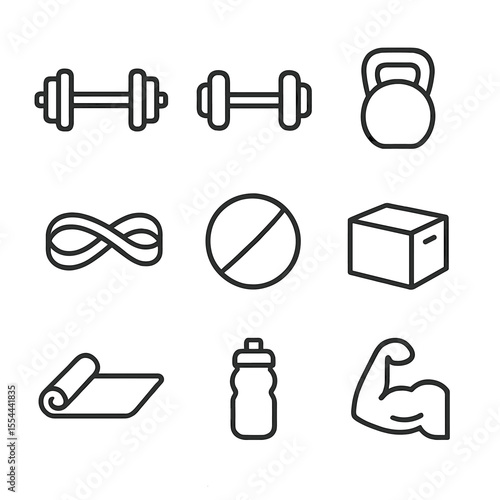 Strength Training Icons. Outline icon set of strength-endurance training: barbell, dumbbell, kettlebell, resistance band, medicine