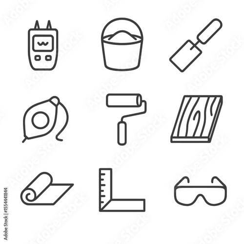 Subfloor Preparation Icons. Outline icon set of Subfloor Preparation: moisture meter, leveling compound, trowel, chalk line,