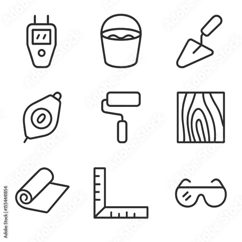 Subfloor Preparation Icons. Outline icon set of Subfloor Preparation: moisture meter, leveling compound, trowel, chalk line,