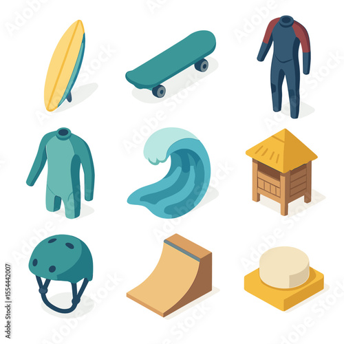 Surf and Skate Icons. Isometric Flat icon set of surf and skate summer culture: surfboard, skateboard, wetsuit, rash guard, skate