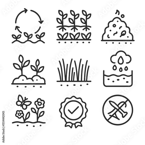 Sustainable Farming Icons. Outline icon set of sustainable farming practices: crop rotation icon, cover crop, compost pile, green
