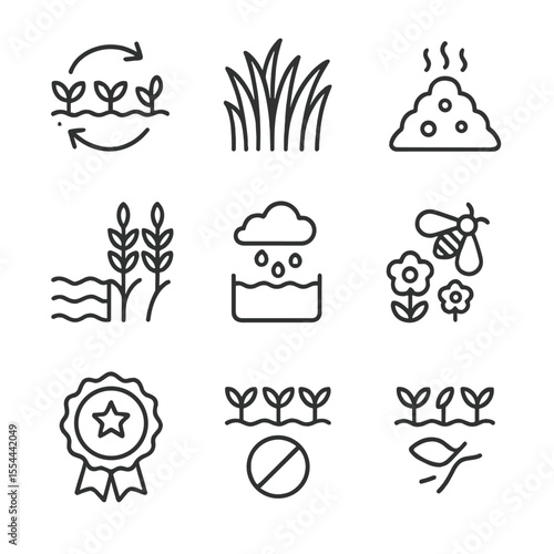Sustainable Farming Icons. Outline icon set of sustainable farming practices: crop rotation icon, cover crop, compost pile, green