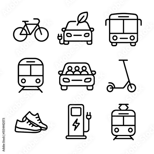 Sustainable Transport Icons. Outline icon set of sustainable transportation: bicycle, electric car, public bus, train, carpool car