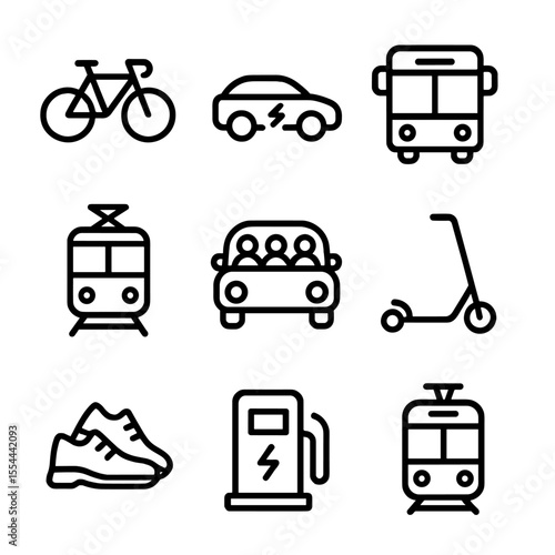 Sustainable Transport Icons. Outline icon set of sustainable transportation: bicycle, electric car, public bus, train, carpool car
