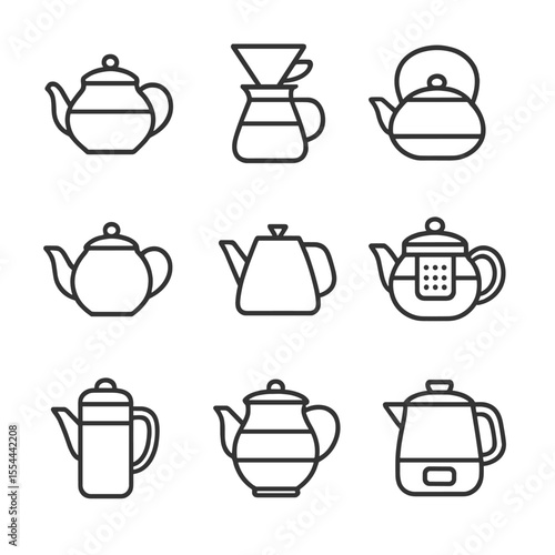 Teapot Icon Collection. Outline icon set of modern teapot designs: glass teapot, drip teapot, cast iron teapot, ceramic teapot,