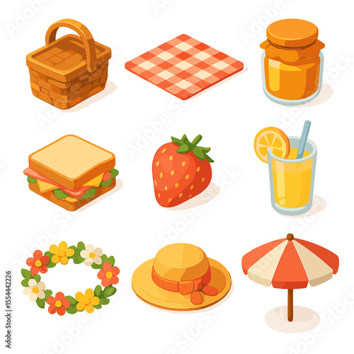 Teddy Bear Picnic Icons. Isometric Flat icon set of teddy bear picnic scene: wicker picnic basket, checkered blanket, honey jar,
