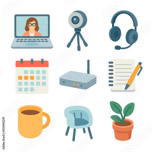 Teletherapy Icon Set. Isometric Flat icon set of teletherapy setup: laptop with video call, webcam on tripod, headset with mic,