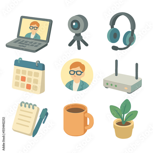 Teletherapy Icon Set. Isometric Flat icon set of teletherapy setup: laptop with video call, webcam on tripod, headset with mic,