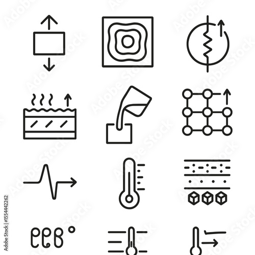 Temperature Icon Set. Outline icon set of temperature in material science: thermal expansion arrow, heat map, conductivity symbol,