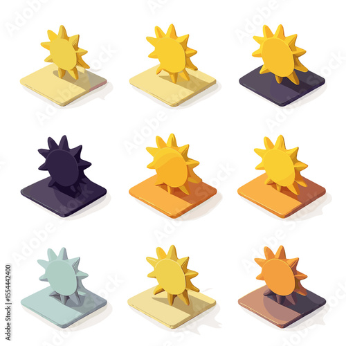 Time-of-Day Shadows. Isometric Flat icon set of time-of-day shadow variations: long morning shadow, noon minimal shadow, afternoon