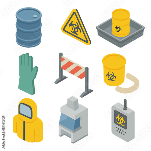 Toxic Waste Icon Set. Isometric Flat icon set of toxic waste containment: sealed drum, hazard label, secondary containment tray,