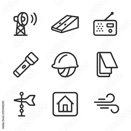 Tornado Drill Icons. Outline icon set of tornado drills: tornado siren, storm cellar door, weather radio, flashlight, helmet,
