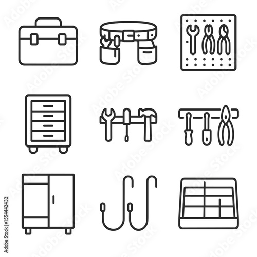 Tool Storage Icons. Outline icon set of tool storage solutions: toolbox, tool belt, pegboard, tool chest, tool rack, magnetic