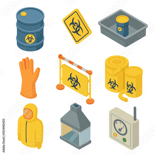 Toxic Waste Icon Set. Isometric Flat icon set of toxic waste containment: sealed drum, hazard label, secondary containment tray,