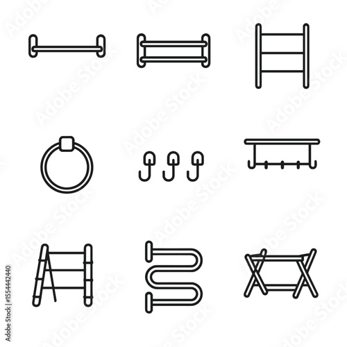 Towel Rack Icons. Outline icon set of towel rack types: single bar rack, double bar rack, ladder rack, ring rack, hook set, shelf