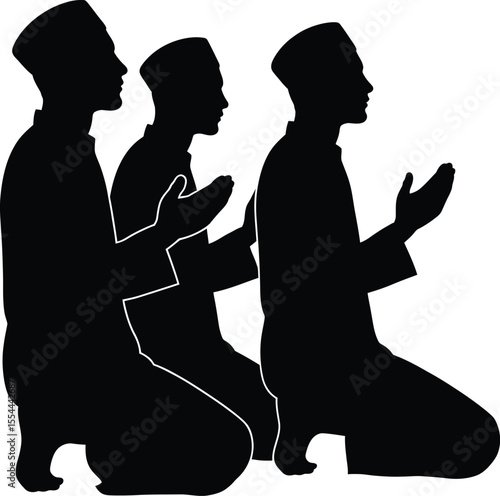 Black Silhouette of Muslim Men Praying Together Side View

