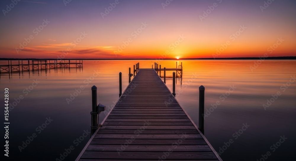 Obraz premium A Wooden Dock Leads Out Into a Serene Lake at Sunset