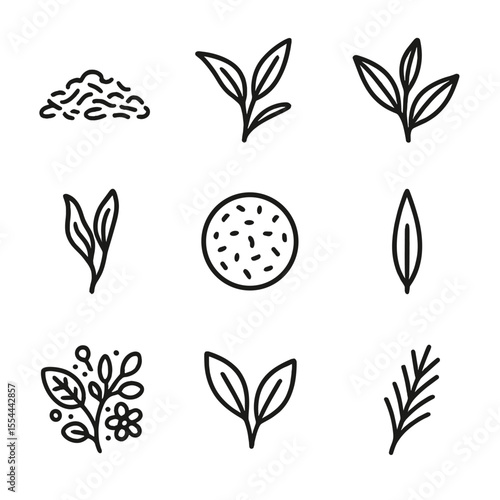 Traditional Tea Icons. Outline icon set of traditional tea leaves: loose leaf tea pile, green tea leaf, black tea leaf, oolong tea