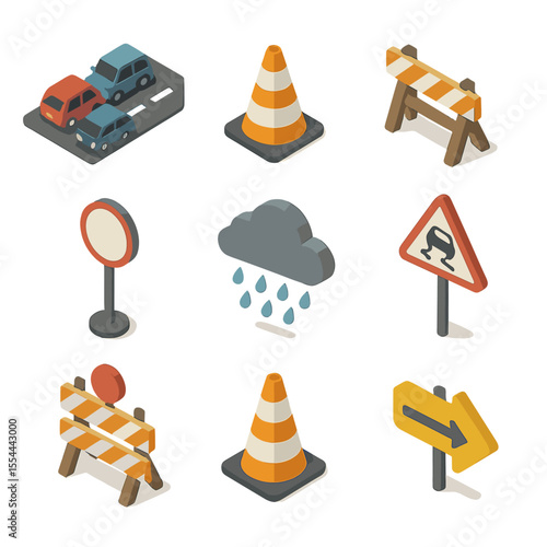 Traffic Icon Grid. Isometric Flat icon set of traffic and road conditions: traffic jam queue, roadworks cone, accident site