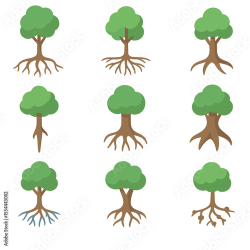 Tree Root Icon Set. Isometric Flat icon set of tree root systems: anchor root, feeder root, lateral root, taproot, root flare,