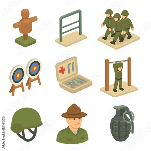 Troop Training Icons. Isometric Flat icon set of troop training and drills: training dummy, obstacle course, marching squad,