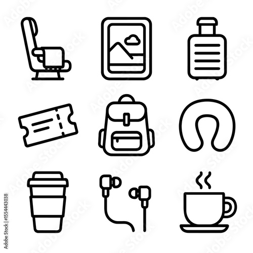 Train Journey Icons. Outline icon set of train journey with lap blanket: train seat, lap blanket, window view, suitcase, ticket,