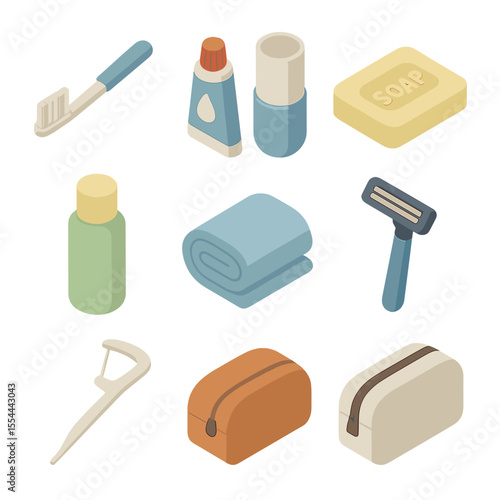 Travel Essentials Icons. Isometric Flat icon set of travel bathroom kits: travel toothbrush, mini toothpaste tube, collapsible