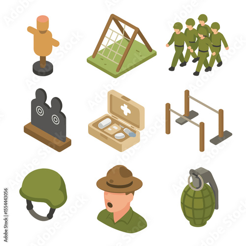 Troop Training Icons. Isometric Flat icon set of troop training and drills: training dummy, obstacle course, marching squad,