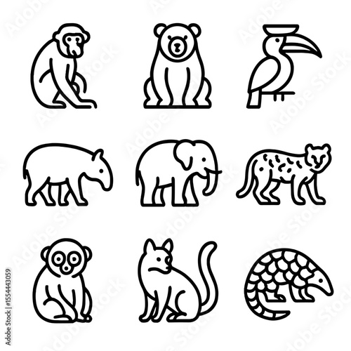 Tropical Animals Icons. Outline icon set of tropical rainforest animals: proboscis monkey, sun bear, hornbill, tapir, pygmy