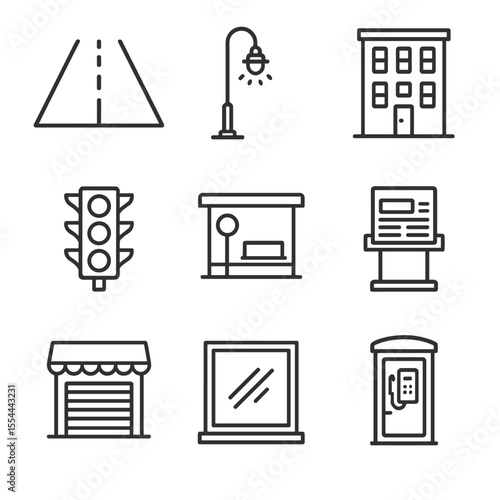 Urban Isolation Icons. Outline icon set of urban isolation: empty street, street lamp, building facade, traffic light, bus stop,