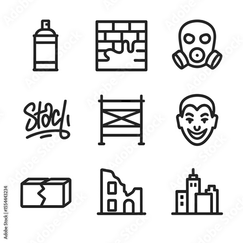 Urban Art Icon Set. Outline icon set of urban street art and graffiti: spray can, graffiti wall, stencil mask, street tag, mural