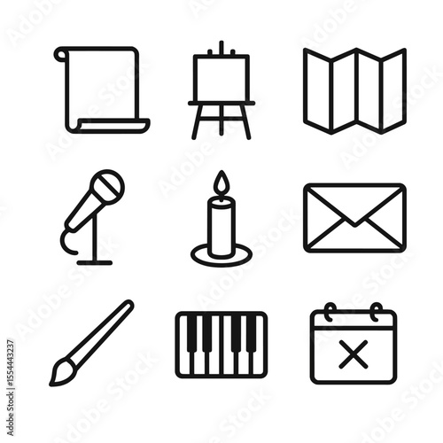 Unrealized Aspirations Icons. Outline icon set of Unrealized Aspirations: blank diploma, empty easel, unfolded map, vacant