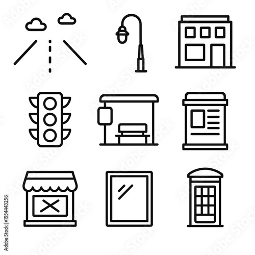 Urban Isolation Icons. Outline icon set of urban isolation: empty street, street lamp, building facade, traffic light, bus stop,