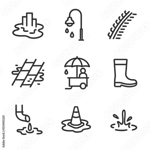 Urban Rain Icon Set. Outline icon set of muddy city streets: puddle reflection, dripping streetlamp, wet tire track, soaked
