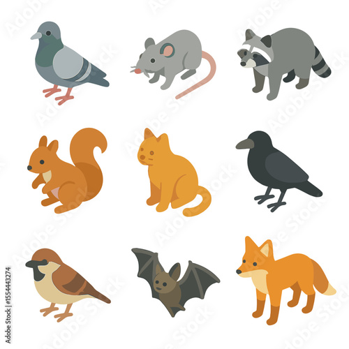 Urban Wildlife Icons. Isometric Flat icon set of urban wildlife fauna: pigeon, rat, raccoon, squirrel, stray cat, crow, sparrow,