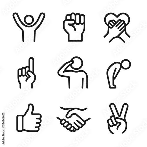 Victory Gesture Icons. Outline icon set of victory gestures: raised arms, clenched fist, hands on heart, pointing skywards, salute