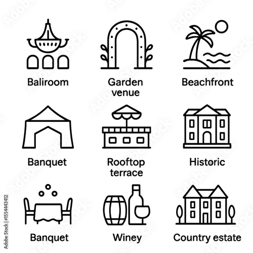 Venue Icon Set. Outline icon set of venue selection: ballroom, garden venue, beachfront, marquee tent, rooftop terrace, historic