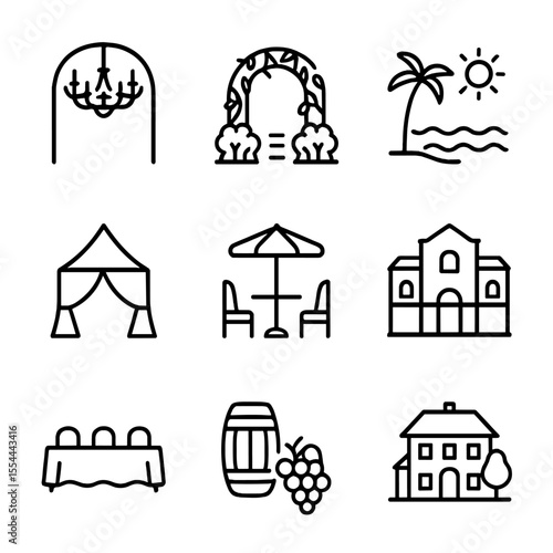 Venue Icon Set. Outline icon set of venue selection: ballroom, garden venue, beachfront, marquee tent, rooftop terrace, historic
