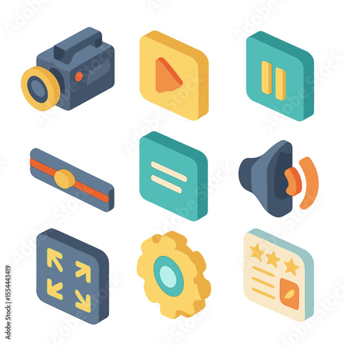 Video Lecture Icons. Isometric Flat icon set of video lectures: camera, play button, pause button, video timeline, subtitles icon,