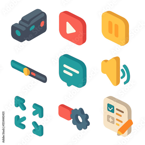 Video Lecture Icons. Isometric Flat icon set of video lectures: camera, play button, pause button, video timeline, subtitles icon,