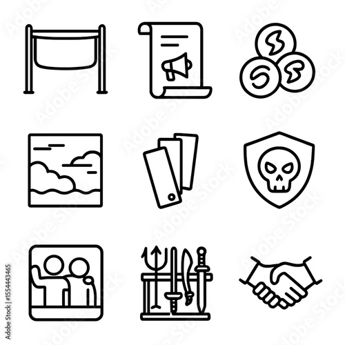 Villain Cosplay Icon Set. Outline icon set of Villain Group Cosplay Elements: group banner, announcement scroll, matching insignia