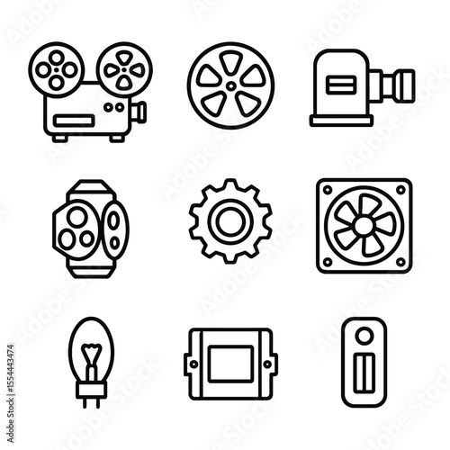 Vintage Film Equipment Icons. Outline icon set of Vintage Film Projection Equipment: reel-to-reel projector, film reel, lamp