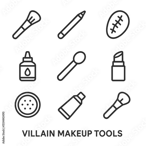 Villain Makeup Icons. Outline icon set of Villain Makeup Tools: face paint brush, black eyeliner pencil, scar prosthetic, fake