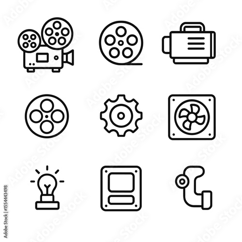 Vintage Film Equipment Icons. Outline icon set of Vintage Film Projection Equipment: reel-to-reel projector, film reel, lamp